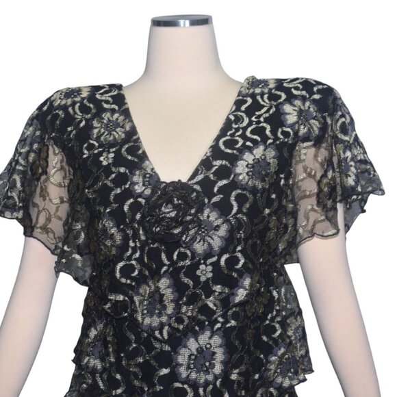 1980s Holly's Harp Ruffled Floral Dress Black Light Gold Tiered Party Dress S - Picture 2 of 7